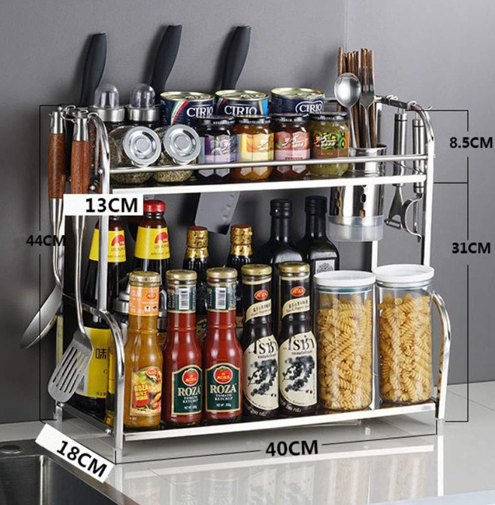 C'Bon Shop Spice Rack for Countertop, Stainless Steel 2-Tier Kitchen Storage Rack Organizer for Can Sauce Counter Shelf with 6 Hooks