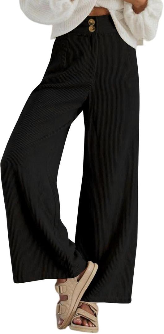 Sidefeel Corduroy Pants for Women 2024 Casual High Waisted Double Buttoned Stretchy Loose Fit Wide Leg Pants with Pockets (Large, Black)