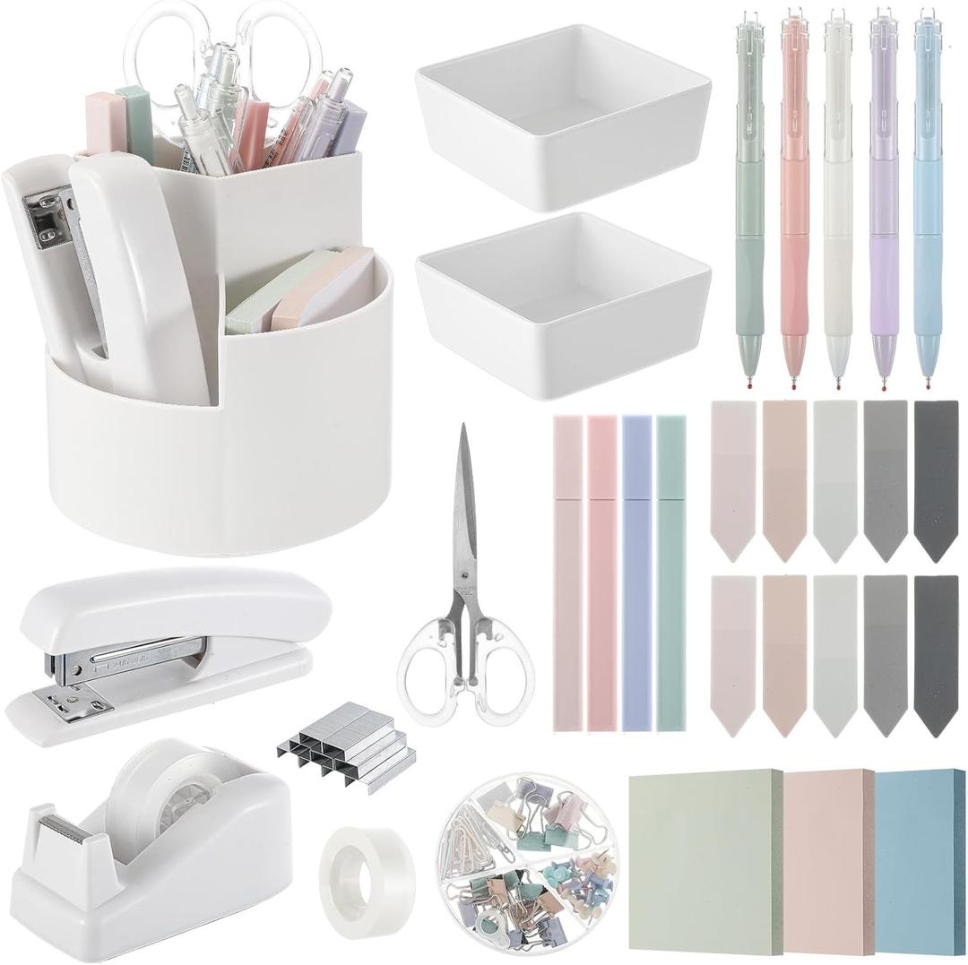 Kosiz 27 Pcs Black White Desk Accessories Gift for Aesthetic Desk Organizer Neutral Office Supplies Pen Holder Stapler Binder Sticky Notes Paper Clips Scissor Staples for Women (Fashion)