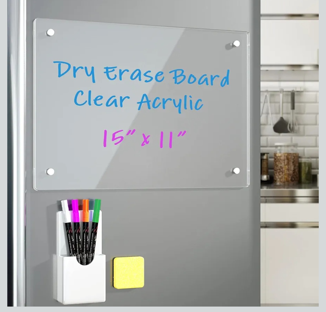 Acrylic Note Board Refrigerator Dry Erase Board Magnetic Clear 15”x11 Includes 4 Dry Erase Markers
