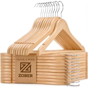 ZOBER High-Grade Wooden Hangers - Heavy Duty, Non Slip Wood Hangers for Coats, Jackets, Suits, & Pants - Clothes Hangers for Closet W/Bar and Notches 20 Pack (Natural)