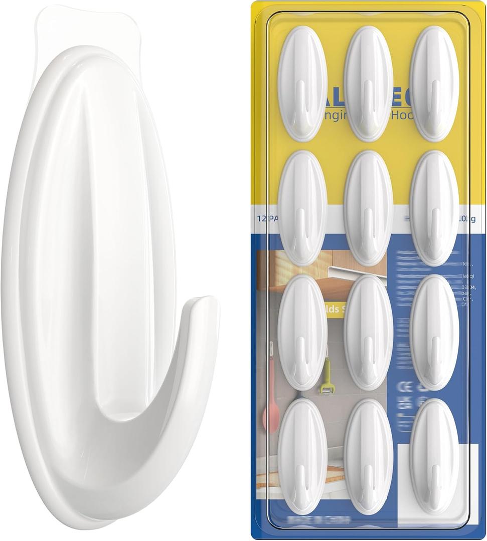 12 Pack Wall Hooks, Bathroom Adhesive Hooks with 13 Clear Adhesive Strips, Waterproof, Removable Washable Sticky Towel Hooks, Hook Holder for Hanging Coat, Loofah, White