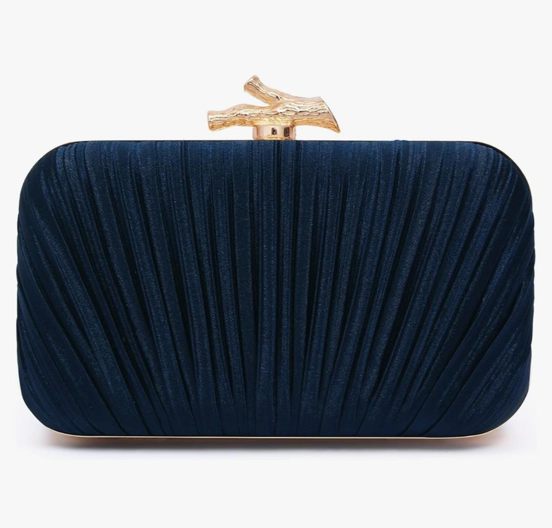 Women Evening Bag Clutch Purse, Pleated Satin Seashell Evening Clutch for Wedding Party Cocktail Prom Dinner with Pearl Chain