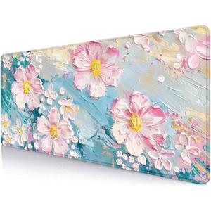 Large Mouse Pad Mousepad, Pink Flowers in a Blue Desk Mats for Desktop, Watercolor Beautiful Floral Laptop Computer Desk Pad, Non-Slip Rubber Base Desktop Mat, 31.5 x 11.8 inches