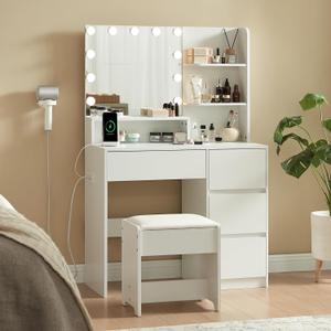 Makeup Vanity Desk with Mirror and Lights - Small Vanity Table Set with 4 Drawers, Power Outlet, USB Ports, Stool, Dressing Table with 3 Lighting Color Adjustable for Bedroom White