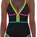 Popvil Women One Piece Swimsuit 2025 Tummy Control Sexy Cutout Neon Color Block Bathing Suit Deep V Neck Adjustable Swimwear Medium