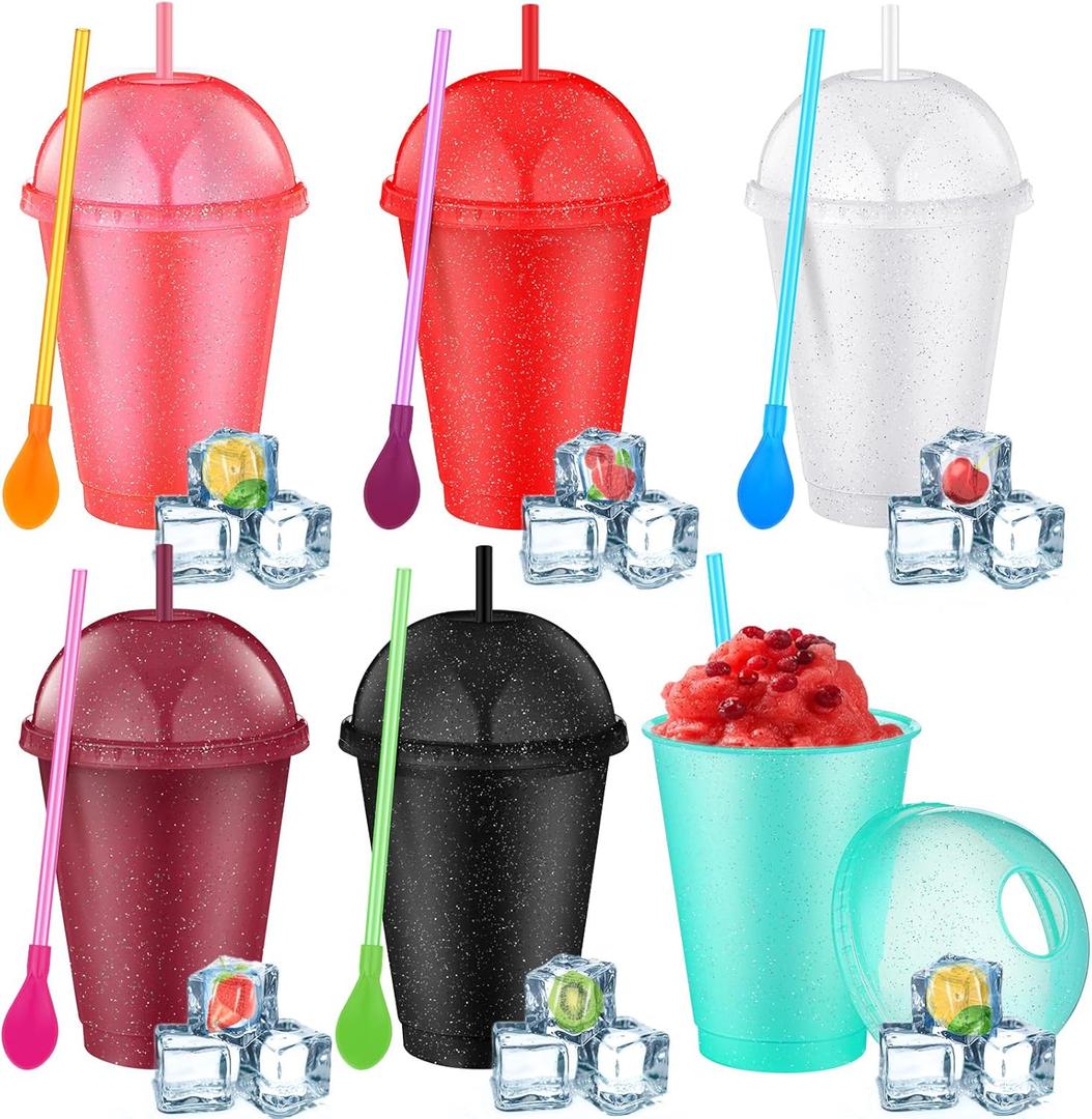 6 Set Slushie Cups with Dome Lids and Straws Detachable Spoon Straws Reusable Plastic Iced Coffee Cups Smoothie Tumbler for Birthdays Summer Party Supplies(Multi Color,16 oz)