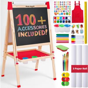 Blue Squid Art Easel for Kids with Paper Roll x 3, Includes 100+ Accessories, Double Sided Adjustable Wooden Painting Easel with Magnetic Chalk Board, White Board for Toddlers Ages 3,4,5,6,7,8,9,10,12