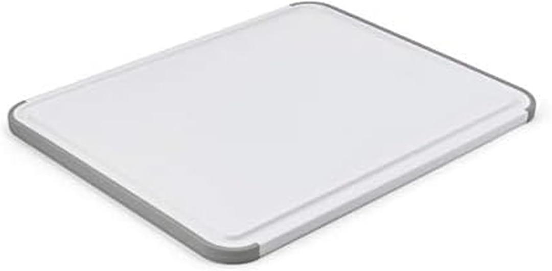 KitchenAid Classic Plastic Cutting Board with Perimeter Trench and Non Slip Edges, Dishwasher Safe, 11 inch x 14 inch, White and Gray