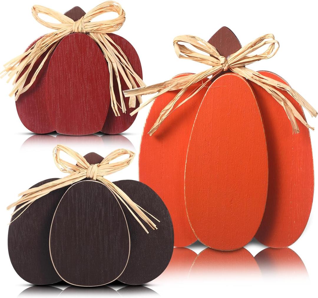 Faccito 3 Pcs Fall Decorations Wooden Pumpkin Signs Thanksgiving Table Centerpieces Autumn Tiered Tray Decorations Farmhouse Pumpkins Block with Straw Bow for Home Mantel Harvest Party(Retro Color)