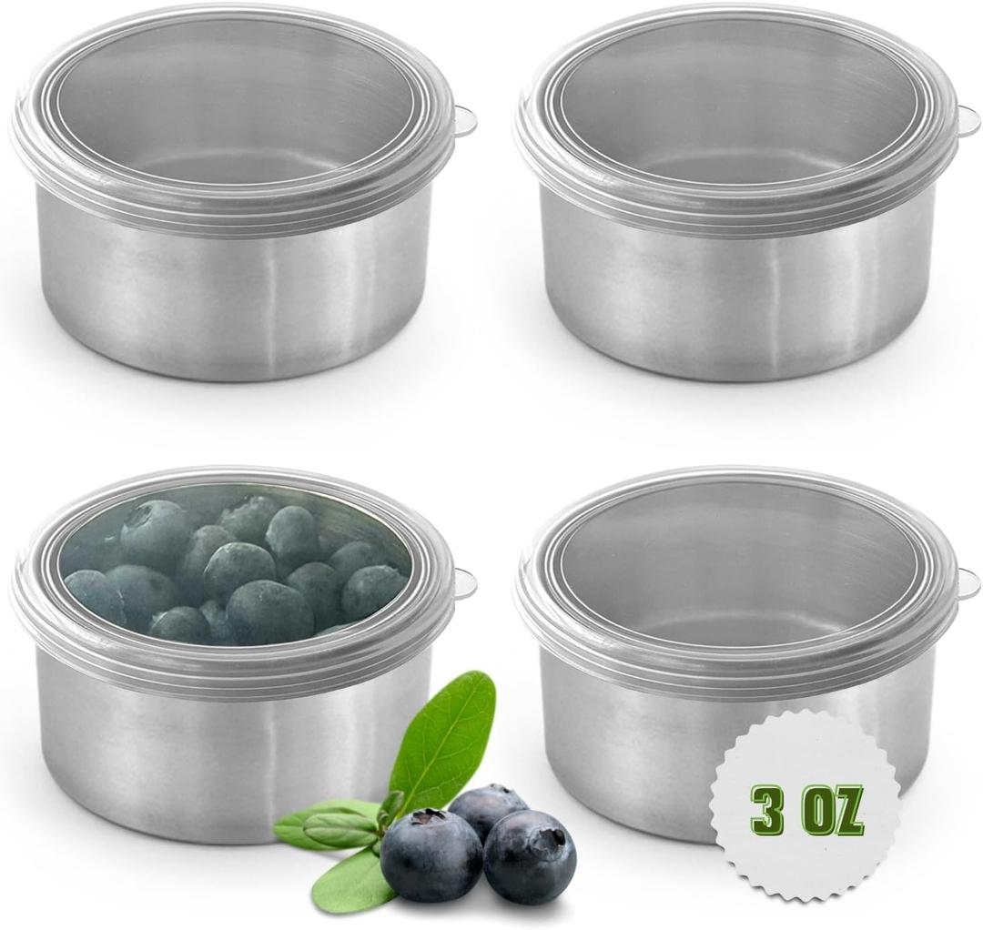 TAVVA 4 X 3oz Stainless Steel Containers with Lids - Leakproof w/Silicone Lids - BPA Free - Dishwasher & Freezer Safe - Portable & Reusable - Small Stainless Steel Snack Cups Dressing Containers