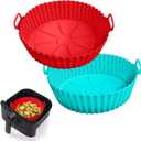 2 Pack Air Fryer Silicone Liners Pot for 3 to 5 QT, Basket Bowl, Replacement of Flammable Parchment Paper, Reusable Baking Tray Oven Accessories, Red+Blue, (Top 8in, Bottom 6.75in)