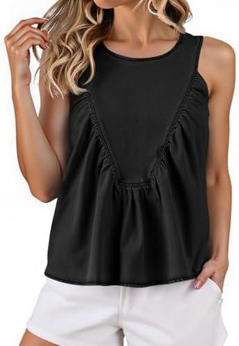 Cicy Bell Womens Babydoll Denim Tank Tops Peplum Swing Flowy Shirred Sleeveless Shirts Loose Fit Going Out Cute Tops, XL