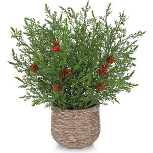 Artificial Potted Christmas TableTop Centerpiece - 12" Faux Norfolk Pine Plants with Pinecones & Red Berry in Woven Wooden Pot Xmas Decorations for Home Table Winter Mantel Farmhouse Indoor Decor