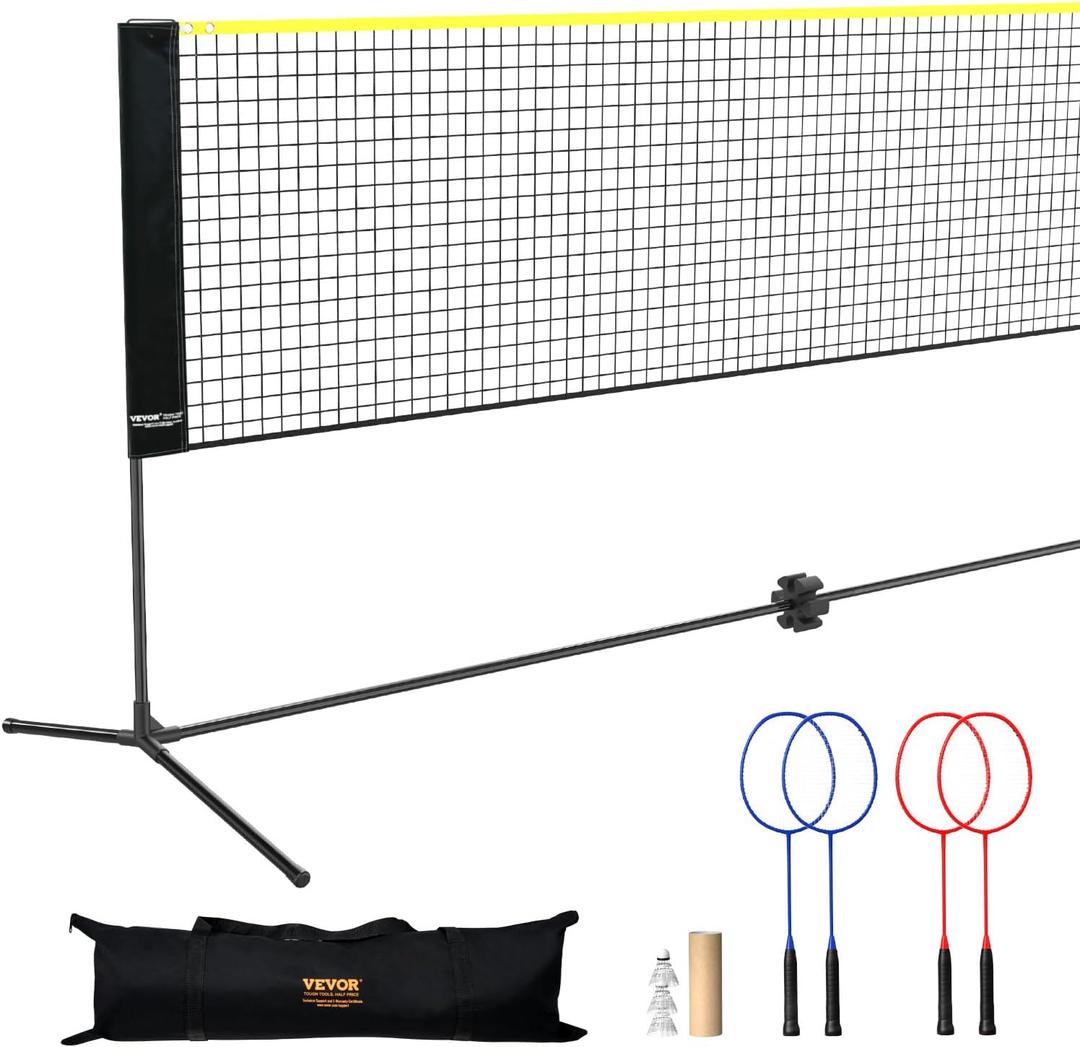 VEVOR Badminton Net, Height Adjustable Volleyball Net, Wide Foldable Pickleball Net, Portable Easy Setup Tennis Net Set with Poles, Stand and Carry Bag, for Kids Backyard Game Indoor Outdoor Use
