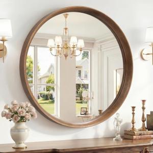 Brakki Round Wall Mirror with Wood Frame, 28" Circle Mirror for Bathroom