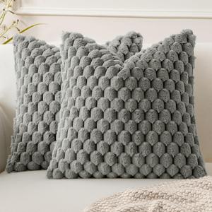 MIULEE Grey Faux Fur Decorative Throw Pillow Covers 16x16 Inch Set of 2 Super Soft Cozy Plush Cushion Cases Luxury Fluffy Pillowcases for Sofa Couch Bed Living Room