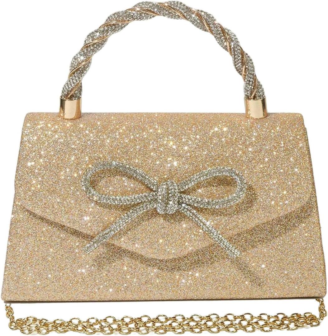 Women Evening Bag Sparkly Bow Clutch Purses Wedding Glitter Rhinestone Clutch Bags Dressy Handbags for Party, Prom (Gold)