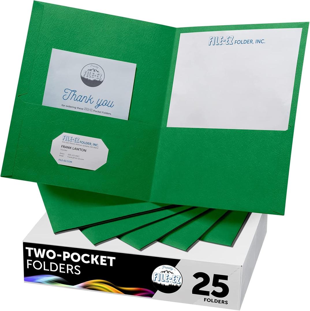 FILE-EZ Two-Pocket Folders, Green, 25-Pack, Textured Paper, Letter Size (EZ-32560)