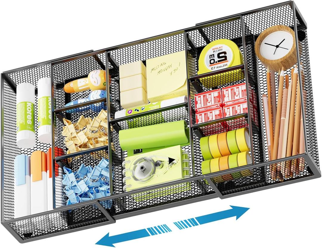 Marbrasse Expandable Desk Drawer Organizer, Mesh Drawer Organizer Tray with 10 Adjustable Compartments, Desk Organizers and Accessories for Office Supplies (Longer Expandable Drawer Organizer-B)