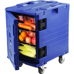 VEVOR Insulated Food Pan Carrier, 95 Qt Hot Box for Catering, LLDPE Food Box Carrier w/One-Piece Buckle, Front Loading Food Warmer w/Handles, End Loader w/Wheels for Restaurant, Canteen, etc. Blue