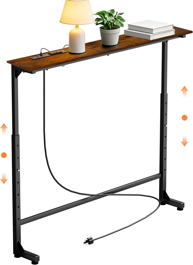 GRLEAF 35" Adjustable Height Narrow Console Table with Power Outlets, Long Sofa Table with Charging Station Behind Couch Table Skinny Entryway Table for Living Room, Hallway and Office Rustic Brown, 35IN