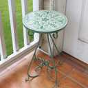 Vintage Outdoor Side Table Round Mosaic Ceramic Tile Top 14" Diameter Metal Plant Stand for Flower Pots Vase Garden Home Porch Pool Indoor Decor Weather Resistant Outside Patio Accent End Furniture, 14" diameter x 22.44" H