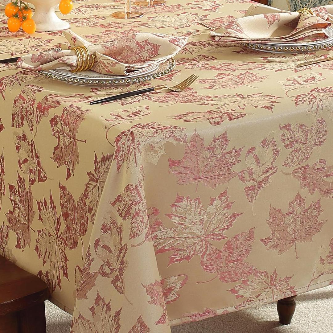 SASTYBALE Fall Tablecloth 52 x 70 Inch Rectangle Maple Leaves Jacquard Damask Table Cloth, Vintage Water Resistance Wrinkle Free Fabric Table Covers for Autumn Harvest & Thanksgiving, Beige/Burgundy