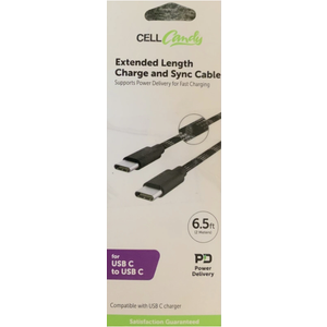 Cell Candy-Extended Length Charge & Sync Cable-USB-C to USB-C - 6.5 Ft - Black