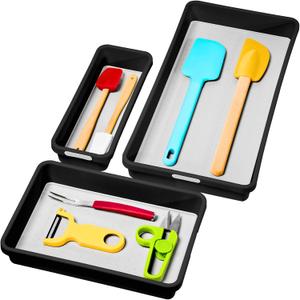 madesmart 3 Bin Drawer Organizer Set, Multi Purpose Storage for Utensils, Office & Bathroom, Organizer for Cutlery, Peeling Tools, Spatulas, Soft Grip Lining & Non Slip Feet, Carbon