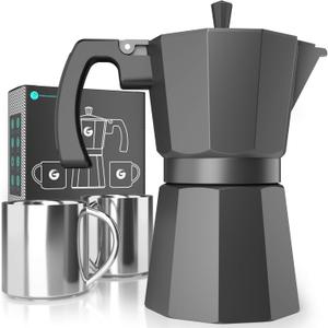 Coffee Gator Moka Pot - 6 Cup, 12oz Stovetop Espresso Maker - Classic Italian and Cuban Coffee Percolator w/ 2 Stainless-Steel Cups  Matte Grey Aluminum, 360ml
