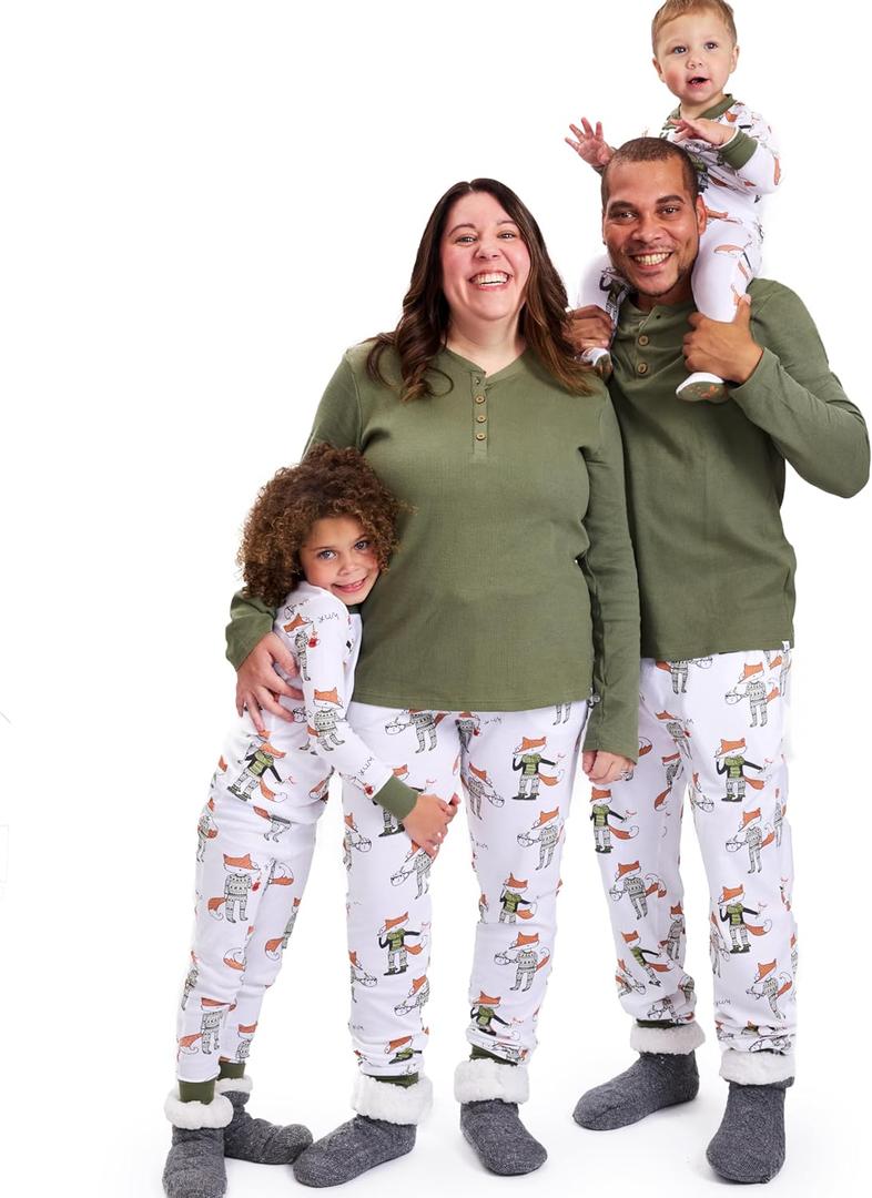 HonestBaby Family Matching Holiday Pajamas 100% Organic Cotton for Men, Women, Kids, Toddlers, Baby Boys, Girls, Unisex, Pets (3-6 Months, Foxy Green)