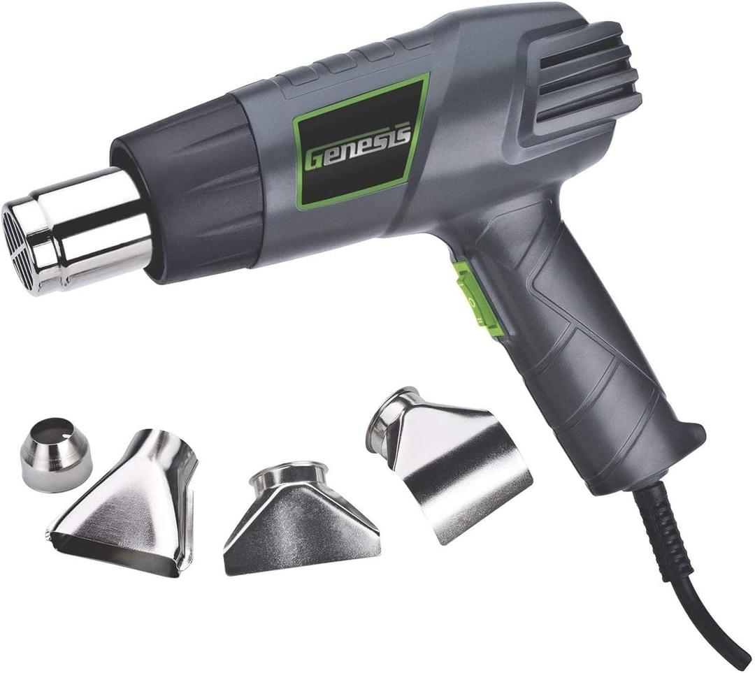 Genesis GHG1500A Dual Temperature Heat Gun Kit With Fast Heat High And Low Settings 572F/1000F, Air Reduction Nozzle, Reflector Nozzle, And Two Deflector Nozzles 
