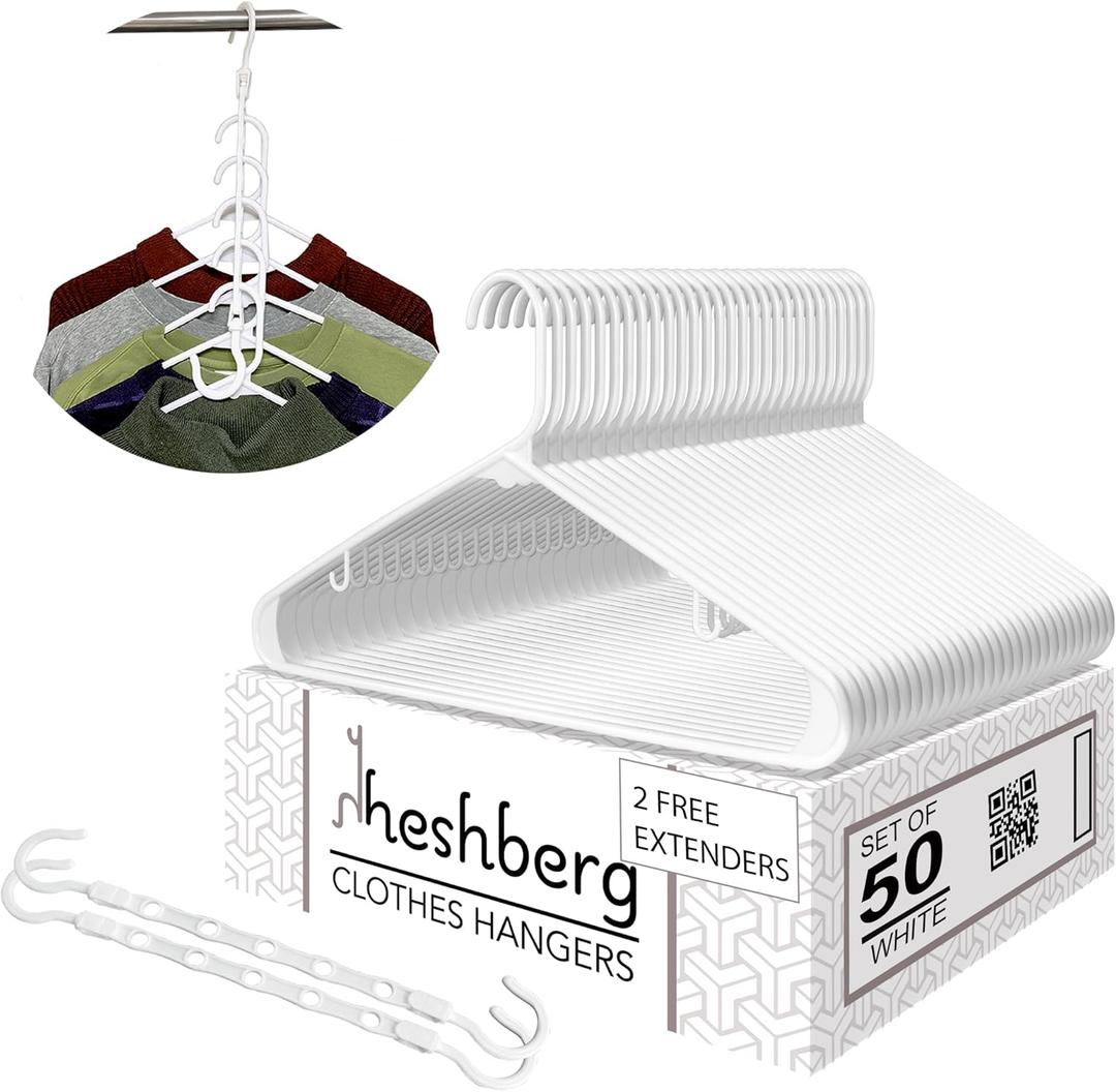 Hooks Plastic Hangers with Cascading Magic Space Saving Collapsible Extenders Closet Storage Rack Organizer for Everyday Use on Shirts, Coats, Pants, Dress, Skirts, Etc. (50 Pack) (White) (9x16)