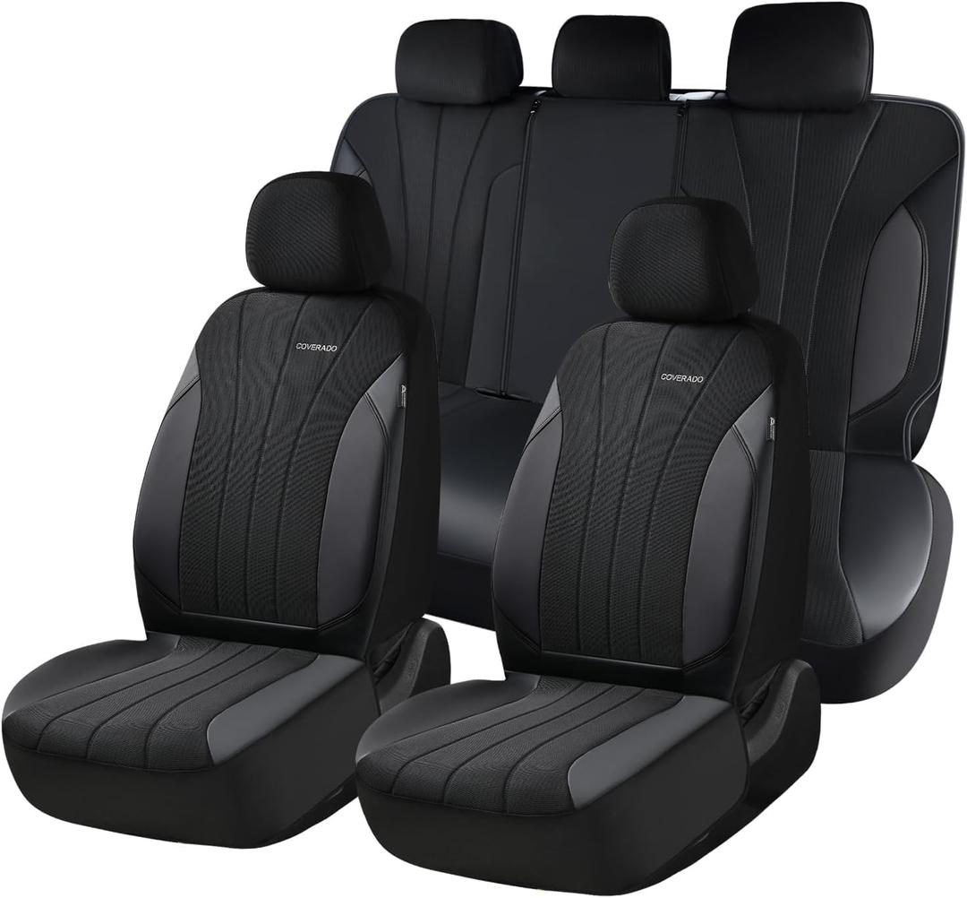 Coverado Car Seat Covers Full Set, Automotive Seat Covers 5-piece, Leather Car Protectors 5 Seats, Black Auto Seat Covers Spill-Proof Design Universal Fit for SUV, Vans, Sedan, Truck
