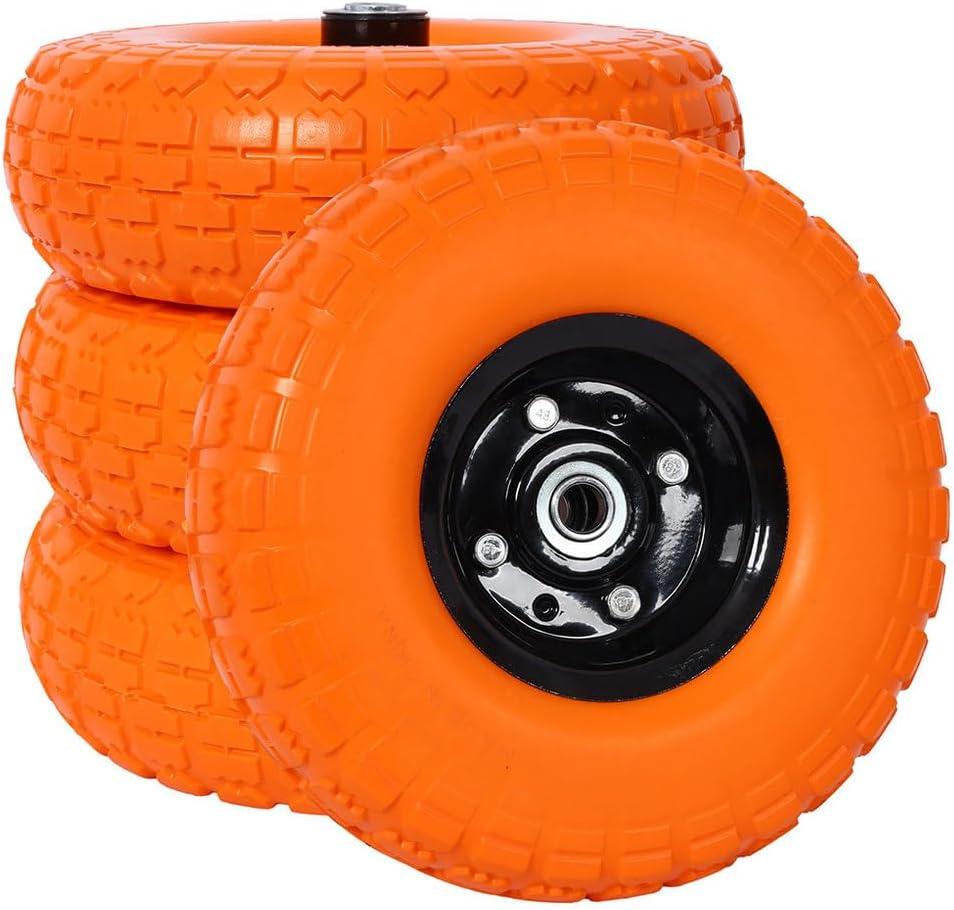 4-Pack 10-Inch Flat-Free Tire and Wheel, 4.10/3.50-4 Solid Rubber Replacement Tires with 5/8" Axle Bore, 2.2" Offset Hub, Double-Sealed Bearings, Heavy-Duty PU Foam for Hand Trucks, Wheelbarrows,Carts (Orange)