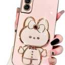 for Samsung Galaxy A15 Case Cute Hidden Rabbit Bunny Mirror Kickstand, Galaxy A15 Phone Case Girly Glitter Soft Silicone with Camera Cover for Samsung A15 for Women Girls Pink