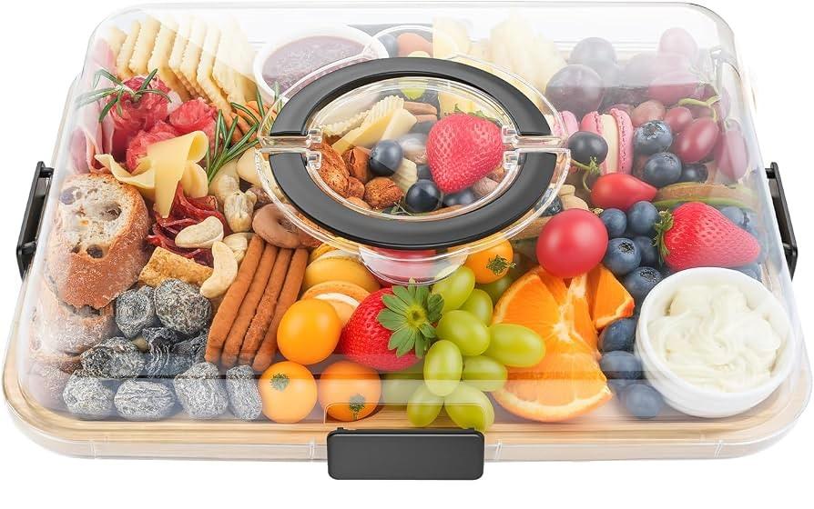 Charcuterie Board with Clear Lid, 2 Side Bamboo Cheese & Cutting Board for Entertaining, Includes 2 Plastic Cutting Mats & 4 Cheese Knives, Travel Snack Tray with lid, Charcuterie Boards Gift Set