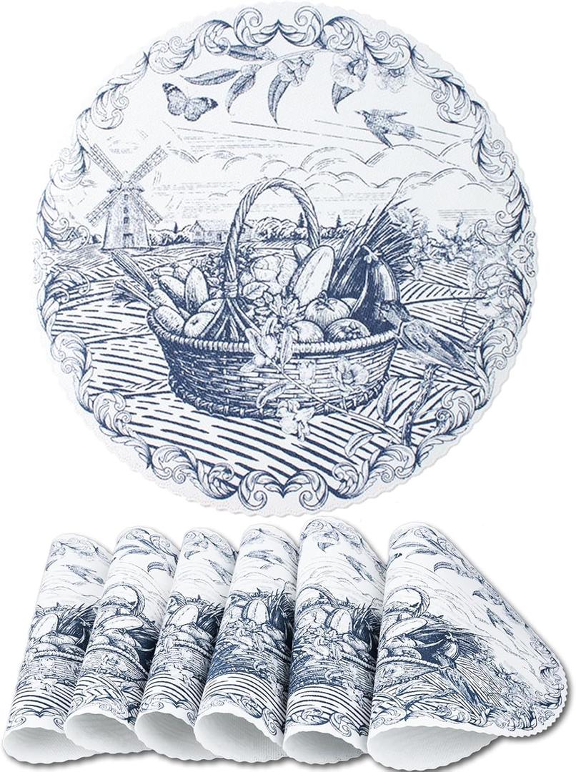 15 inches Round Placemats for Dining Table, Set of 6 Polyester Washable Table Mats for Home Party Gathering Kitchen Decor