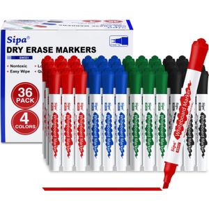 Sipa 36 Bulk Dry Erase Markers, Chisel Tip White Board Markers 4 Assorted Colors, Low Odor Flip Chart Markers, Whiteboard Ideal for Classroom, Office, Teachers and Students, Essential School Supplies