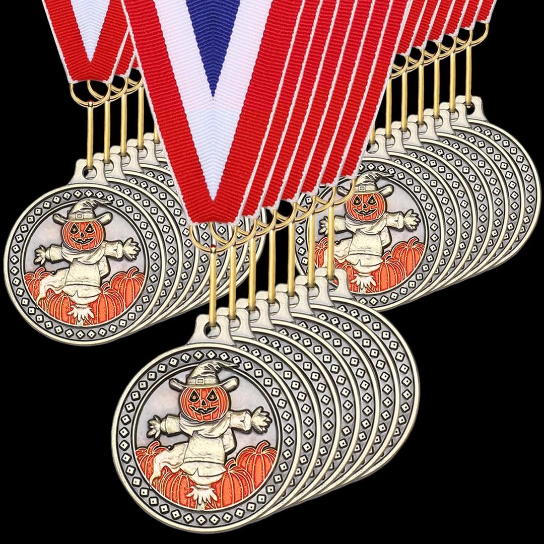 30 Pcs Halloween Award Medal 2 Inches Glitter Scarecrow Medal with Neck Ribbon Pumpkin Scarecrow Award Bulk Metal Halloween Costume Contest Trophy Prizes Gift