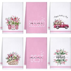 Bencailor 6 Pcs Mother's Day Kitchen Towels Sets Pink Kitchen Dish Towels Birthday Present Gift Absorbent Fast Drying Hand Cloths Hanging Reusable Clean Dishcloths for Mom Cooking(Pink,White,Blessed)