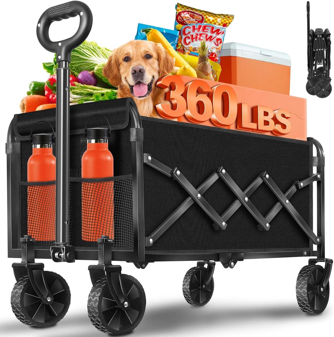 Wagons Carts Foldable, Collapsible Wagon, Foldable Wagon Cart with Wheels, Folding Wagons for Beach Camp Sports Garden, 2 Cup Holders/Lightweight Portable/Black/360 LBS