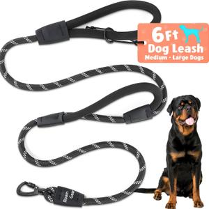 6 Foot Dog Leash, Two Extra Padded Handles, Heavy Duty Dog Leash for Medium to Large Pets, Highly Reflective, Shock-Absorbing No Pull Rope Lead, Durable for Walking, Running, Training Lead - Roam Gear (Black)