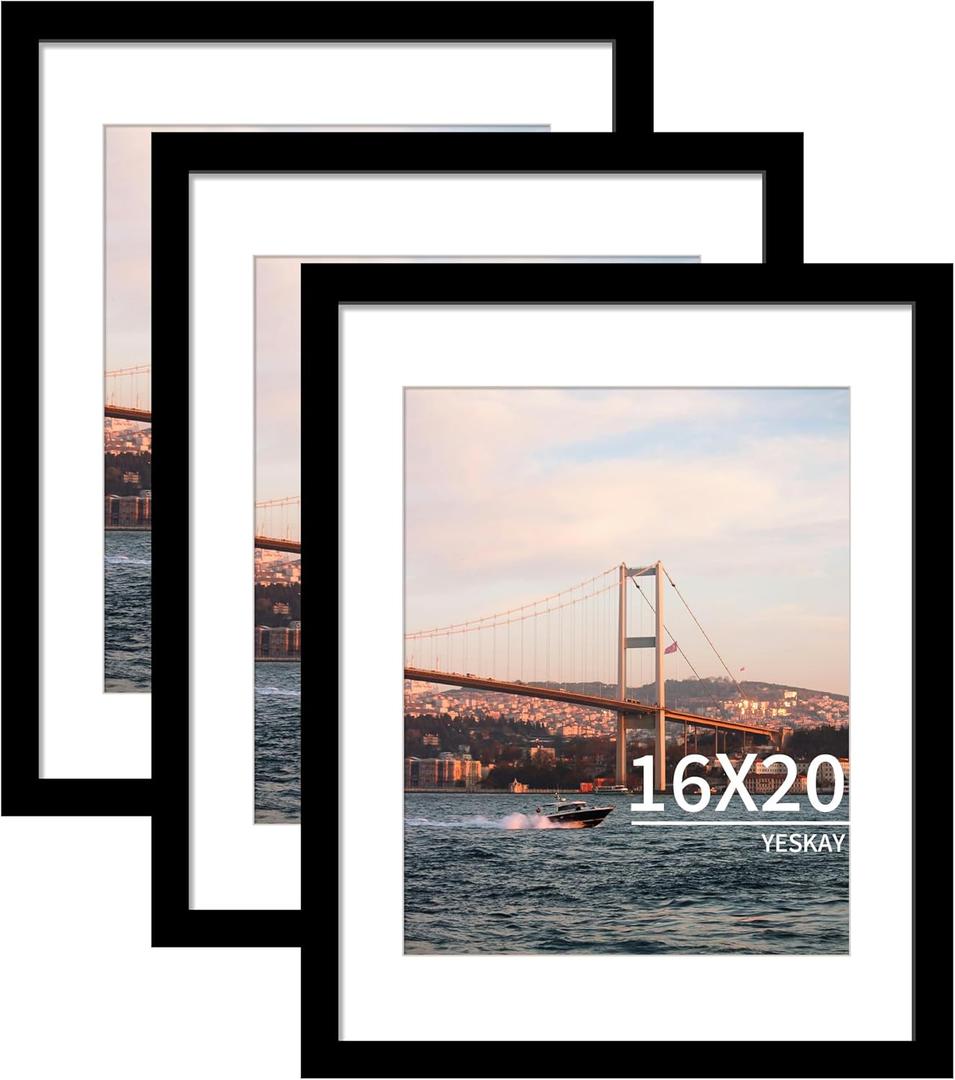 16x20 Picture Frame Black Set of 3, Display Pictures 11x14 with Mat or 16 x 20 Without Mat, Poster Frames 16x20 for Wall Hanging Horizontal and Vertical