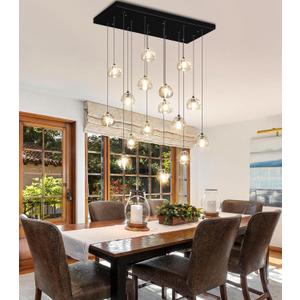 W27.6 x D11.8 x H118 Rectangular Glam Chandelier Bubble Crystal Ceiling Pendant Lights Dimmable High Ceiling Chandeliers Fixtures Adjustable Long Lights Black