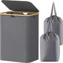 Lifewit Foldable Laundry Basket with Lid, Bamboo Handles and 2 Removable Bags, Large for Bedroom, Bathroom, Dorm, Grey (150L)
