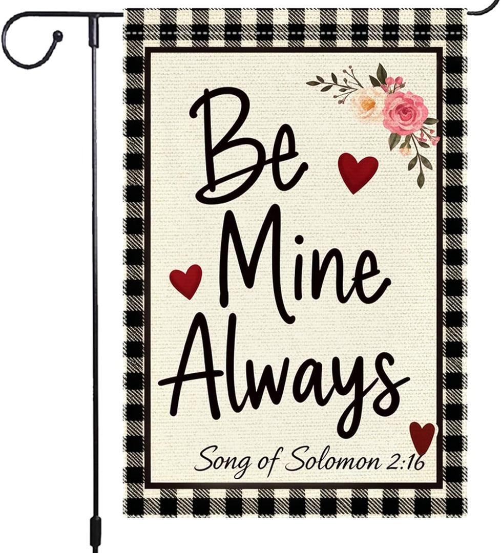 Valentines Day Garden Flag 12x18 Inch Double Sided Burlap Flag Be Mine Always Romantic Floral Heart Buffalo Plaid Outdoor Decor for Yard Patio