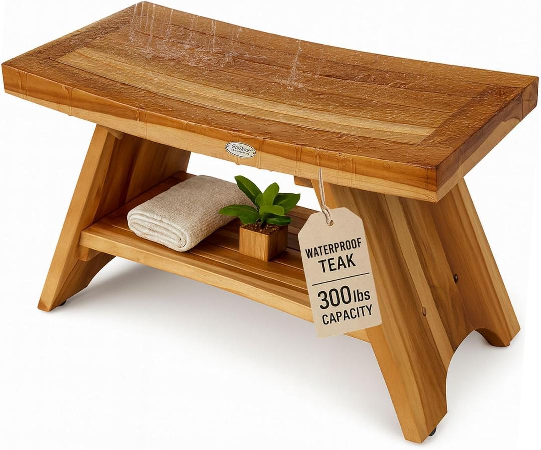 EcoDecors 30 Inch Serenity Teak Shower Bench – Waterproof Bathroom Seat-Large Storage Shelf for Adults & Senior-Spa-Style Teak Wood Stool-Non-Slip Feet-Elegant Finish-300 Pound Capacity