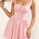 Womens Summer Floral Mini Dress Square Neck Tie Front Lace Spliced Ruched Backless Casual Party Graduation Short Dresses (Pink, L)